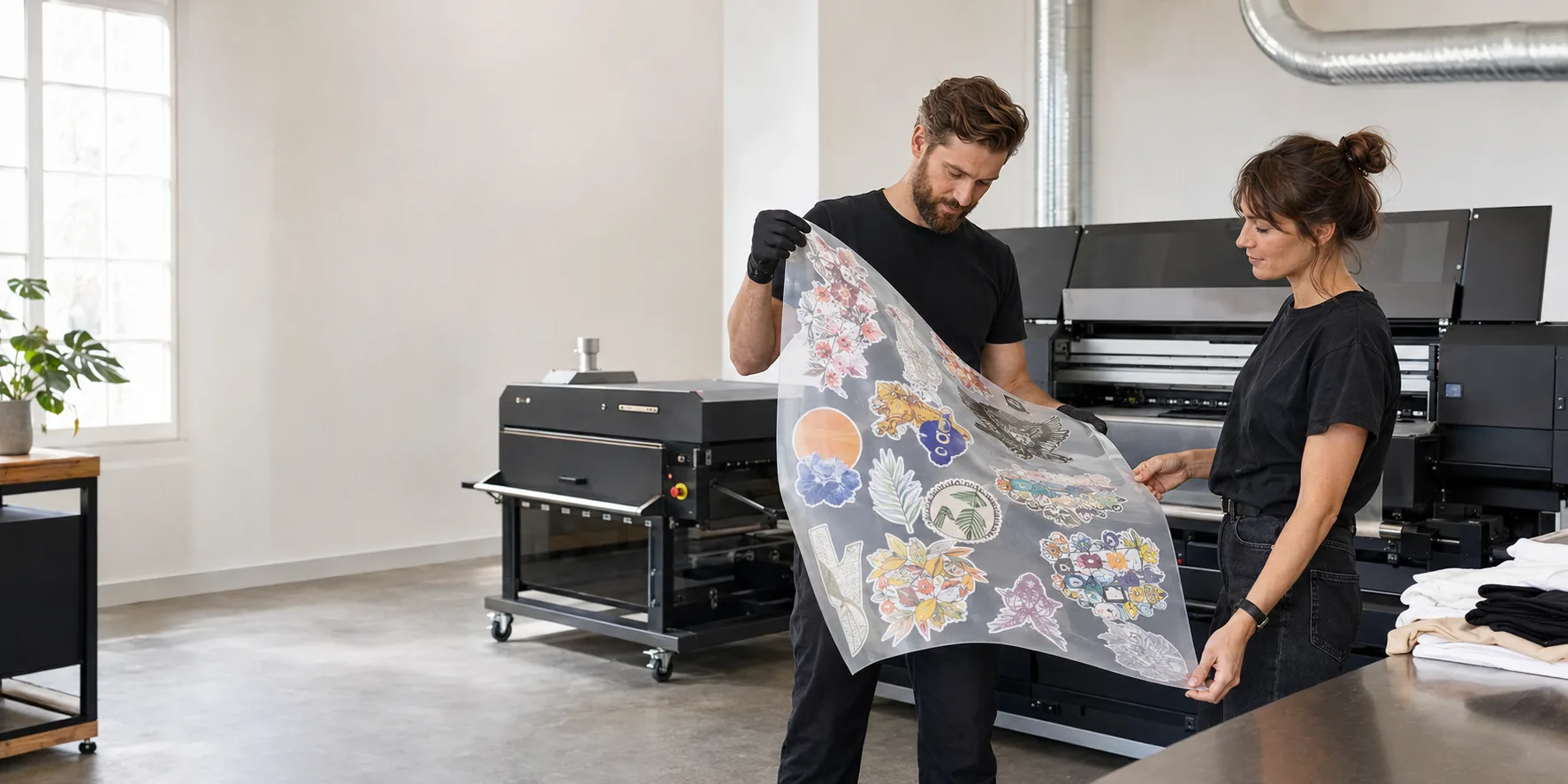Planche DTF composée à l'écran dans le configurateur, avec le prix affiché en direct